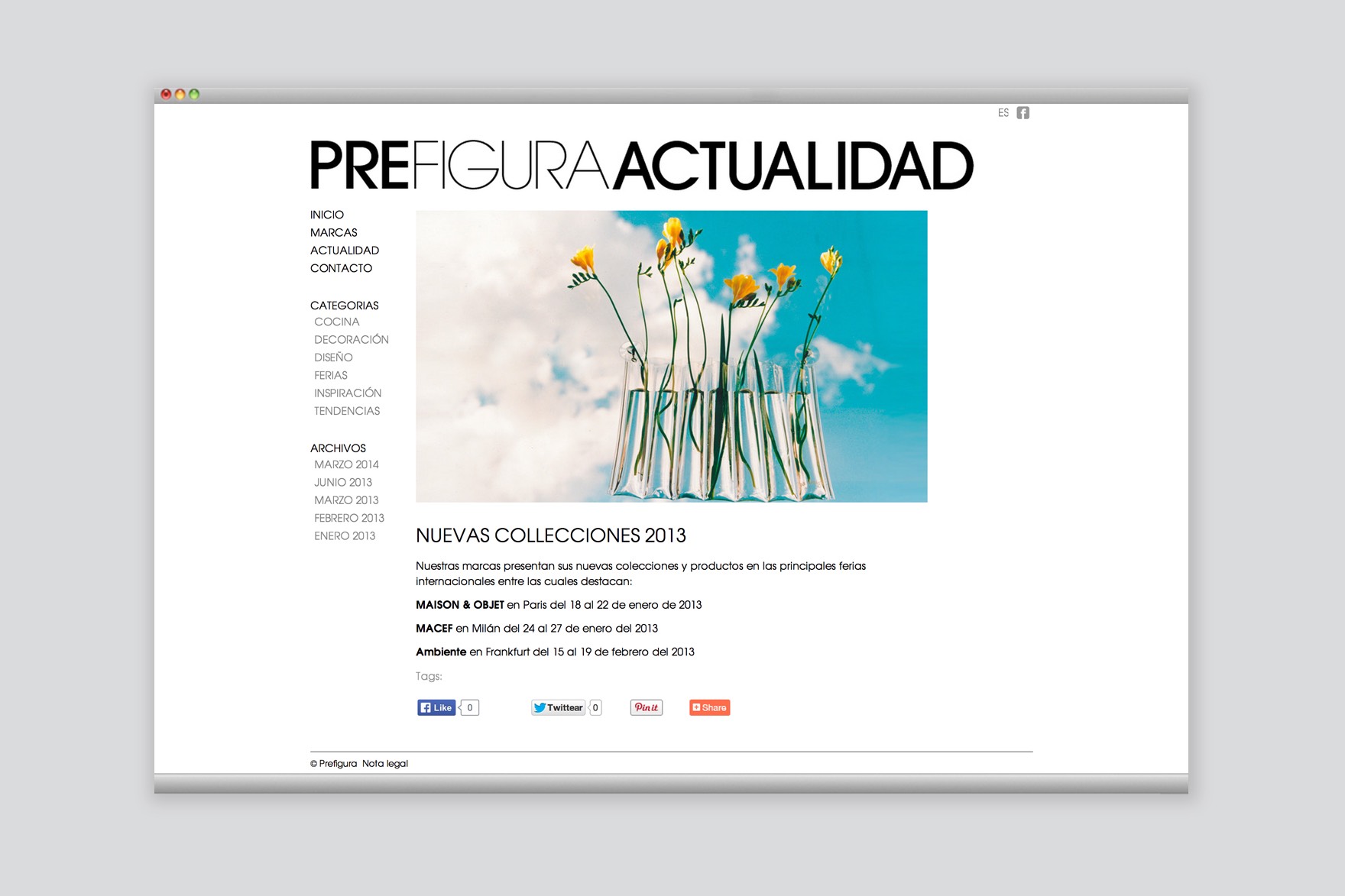 New collections page of the PREFIGURA website. Includes yellow flowers in thin vessels infront of a blue cloudy sky. Website designed by the esiete branding and communication studio and programmed by sevenap.