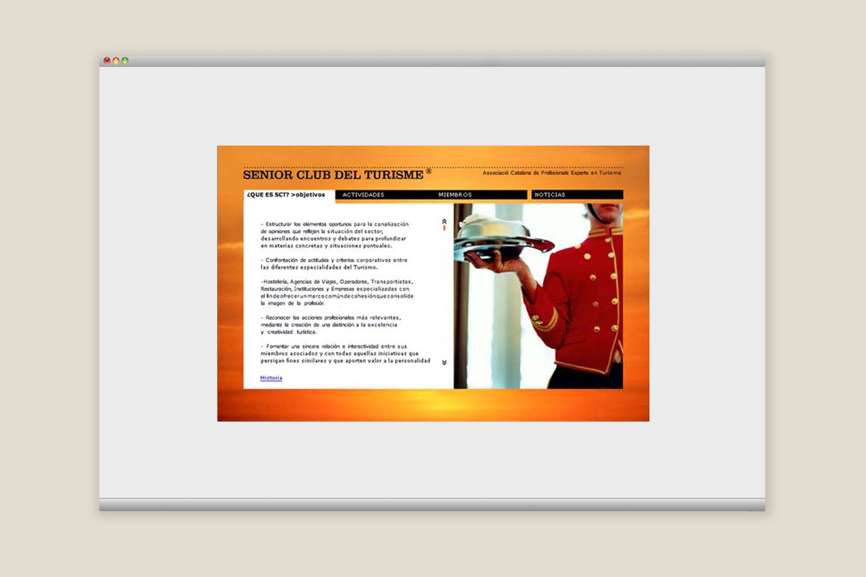 OBJECTIVES page of the SENIOR CLUB TURISME website. Includes a bellboy carrying food. Website designed by Esiete branding and communication studio and programmed by sevenap.